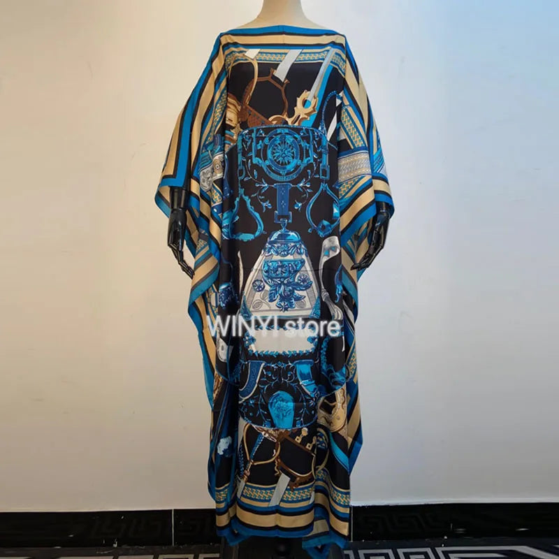 African Dashiki Dress Print Bohemia Silk Scarf Hijab Loose Elegant Muslim Abaya Bazin Robe Gowns Broder Riche Sexy Lady Party - Seprincess