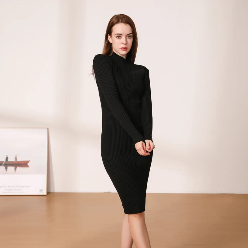 Midi Dress 2024 Winter Knitted Sweater Casual Women's Dresses Ladies Clothing Clothes Korean Fashion Robe Elegant Black Tight - Seprincess