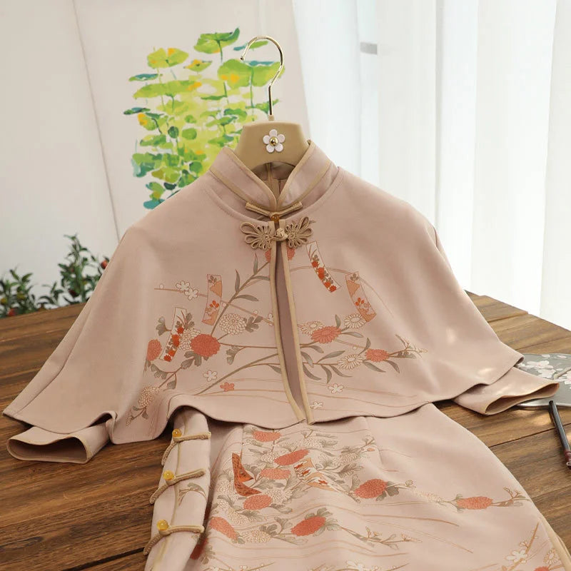 Autumn Elegant Slim Chinese Traditional Dress Women Hanfu Long Sleeve Qipao Shawl Two-piece Set Female Vestido Chino Cheongsams - Seprincess