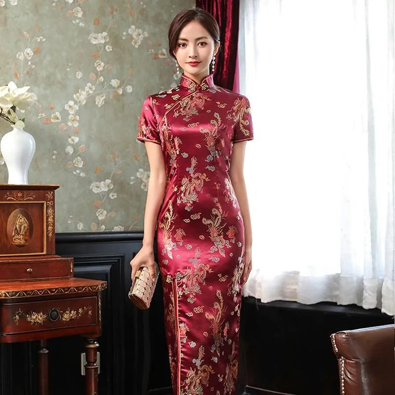 Summer New Women Sexy Cheongsam Elegant Vintage Mandarin Collar Chinese Dress Long Satin Flower Qipao Split Vestidso - Seprincess