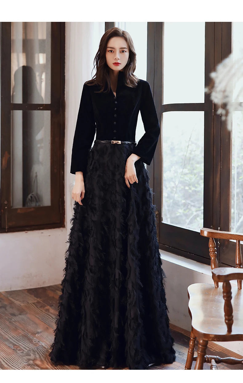 wei yin AE0349 Black Elegant Velvet Long Prom Evening Dresses 2024 Long Sleeves Lace Formal party Gowns Srobe de soiree - Seprincess