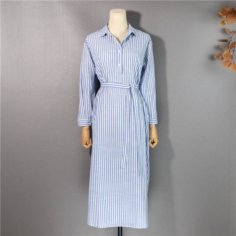 Colorfaith DR2268 2023 New Striped Lace Up Cotton and Linen Shirt Dress Spring Summer Women Korean Fashion Chic Long Dresses - Seprincess