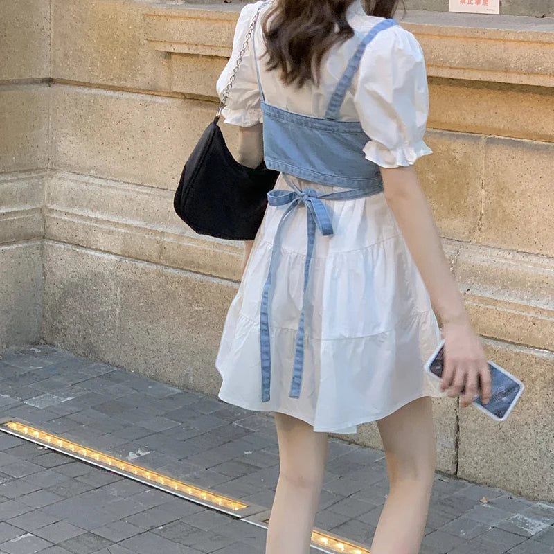 2 Piece Set Women Summer High Waist Dress Y2K Denim Camisole + Mini Dress Elegant Puff Sleeve A-line Dress Vintage Slim Dresses - Seprincess