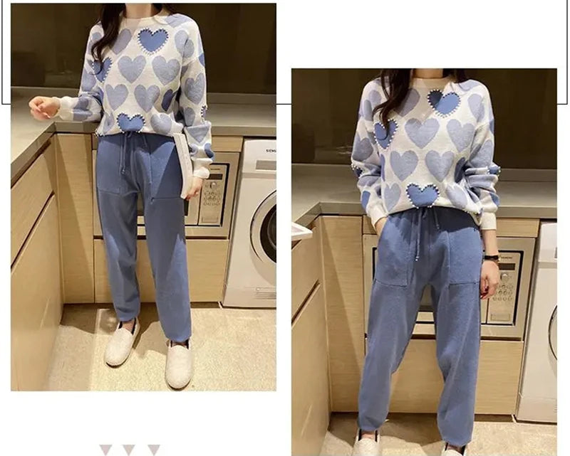 Love Printed Knit Two Peice Set Women Long Sleeve Sweater Pullover Tops Suits  Casual Jogger Pants Conjunto Knitwear Korean Sets - Seprincess