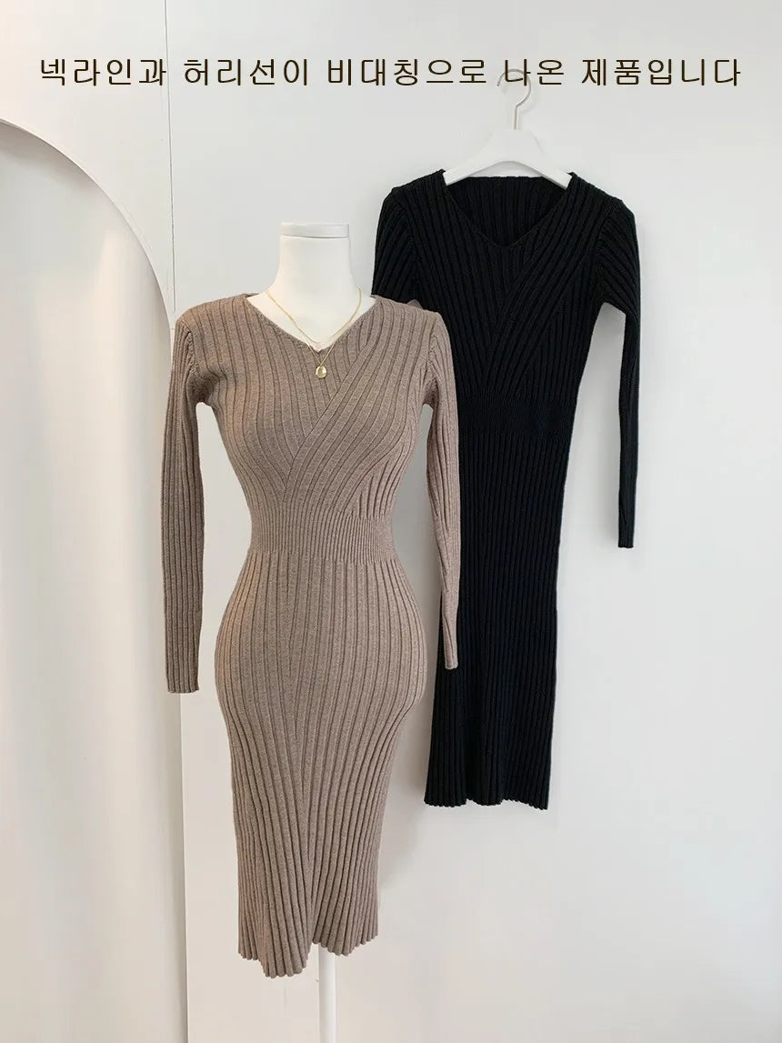 Vintage Long Sleeve Knitted Dresses for Women Party Robe Female Autumn 2021 Retro V-neck Bodycon Dress Korean Slim Waist Vestido - Seprincess