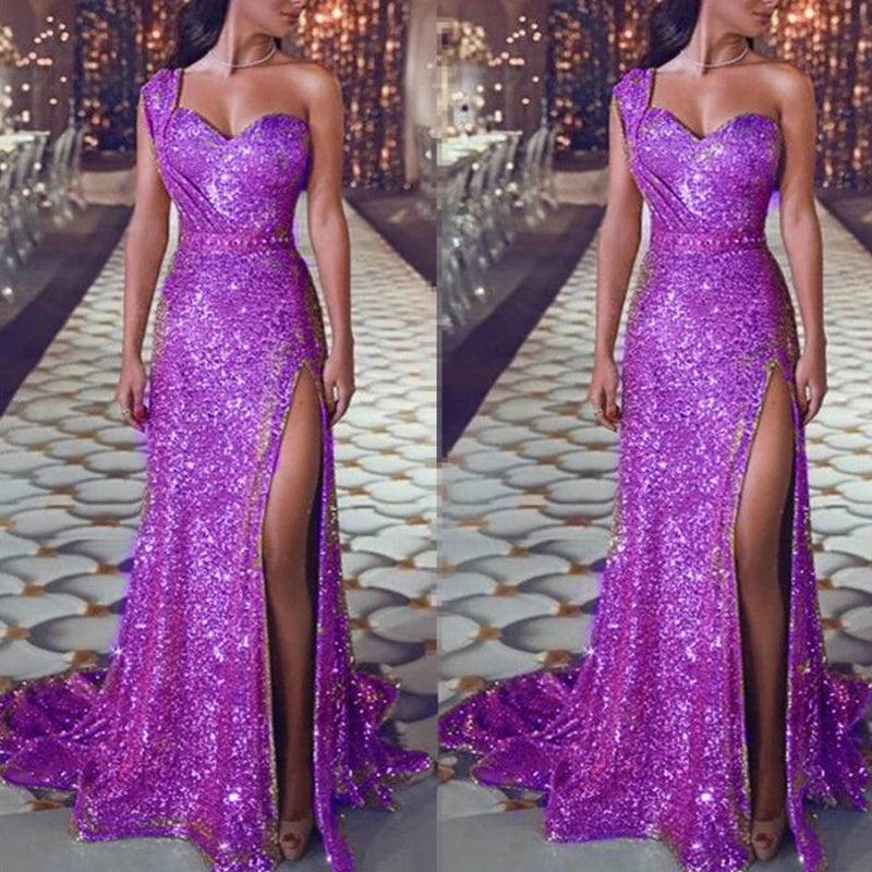 Women Sexy One Shoulder High Split Irregular Dress 2022 New Fashion Shiny Sequin Long Evening Dresses Lady Elegant Party Dress - Seprincess