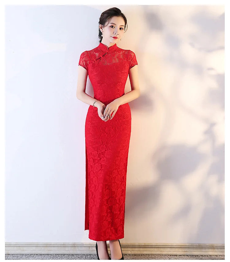 Lace Floral Perspective Collar Qipao Sexy Long Women Cheongsams Big Size 3XL 4XL 5XL Chinese Dress Grace Evening Party Vestidos - Seprincess