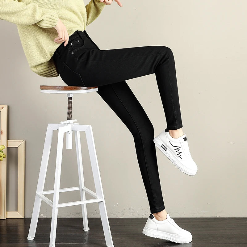 Women Stretch High Waist Skinny Warm Thick velvet Jeans Lady Mom Cotton Pants Student Winter Pencil Trousers clothes 38 40