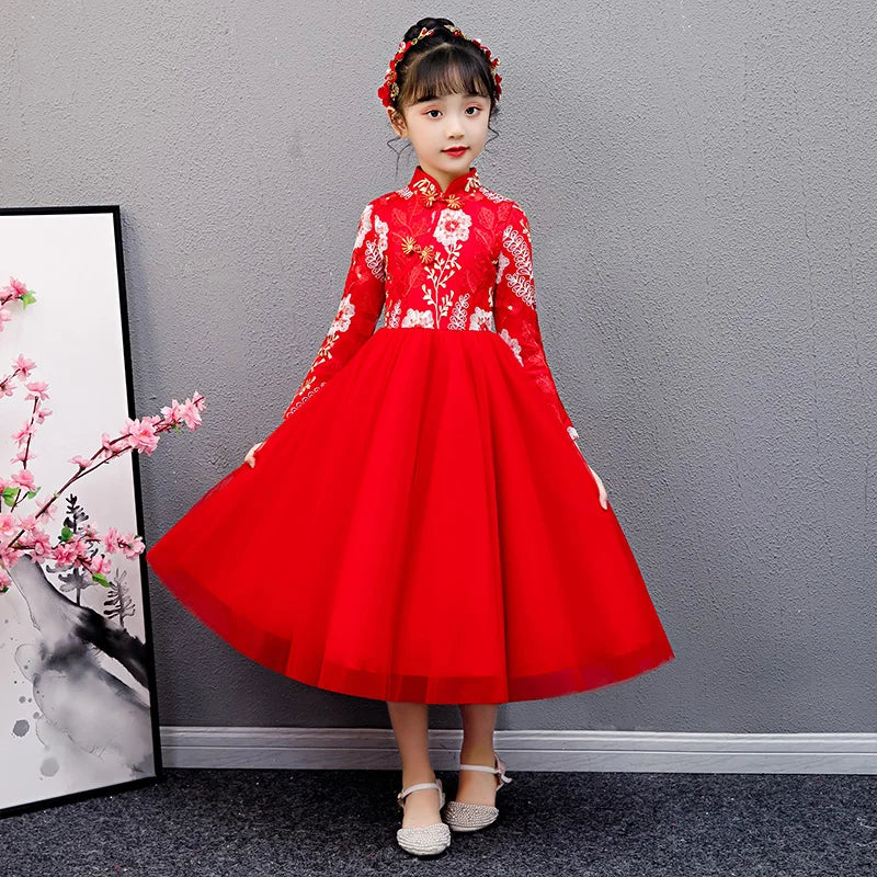 Cute Flower Girls Dresses Kids Chinese Embroidery Lace Cheongsam Dress Baby Girls Elegant Traditional Chinese New Year Dress - Seprincess