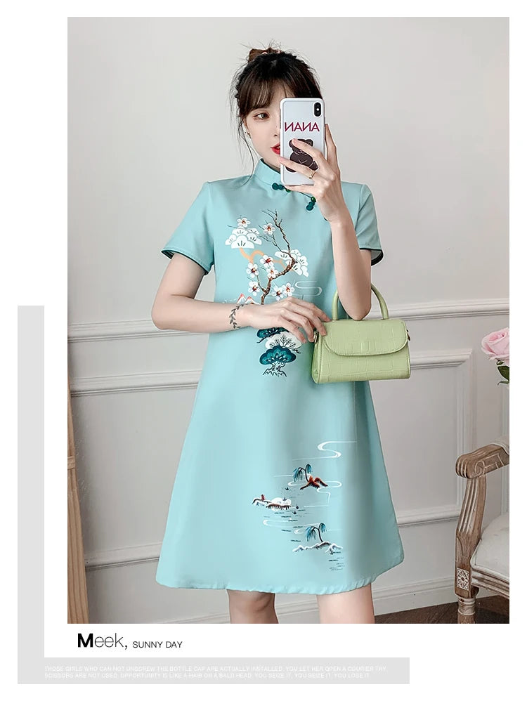 Plus Size M-4XL 2021 New Blue Loose Fashion Modern Cheongsam Dress Women Short Sleeve Qipao Traditional Chinese Style Clothes - Seprincess