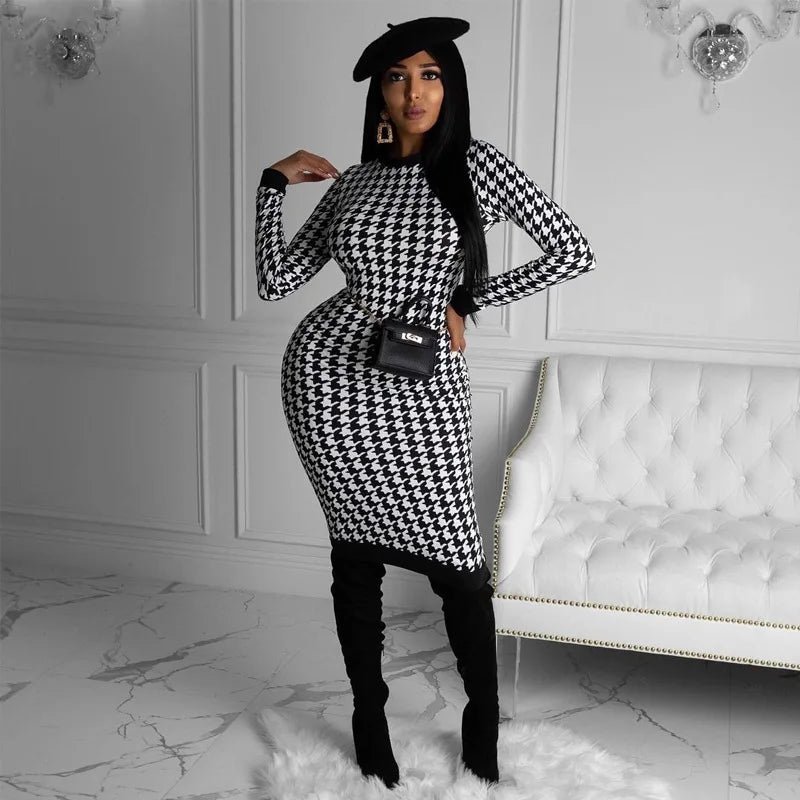 Houndstooth Print Women Long Sleeve Midi Dress Hollow Out Bodycon Sexy Streetwear 2022 Autumn Winter Club Elegant Slim - Seprincess