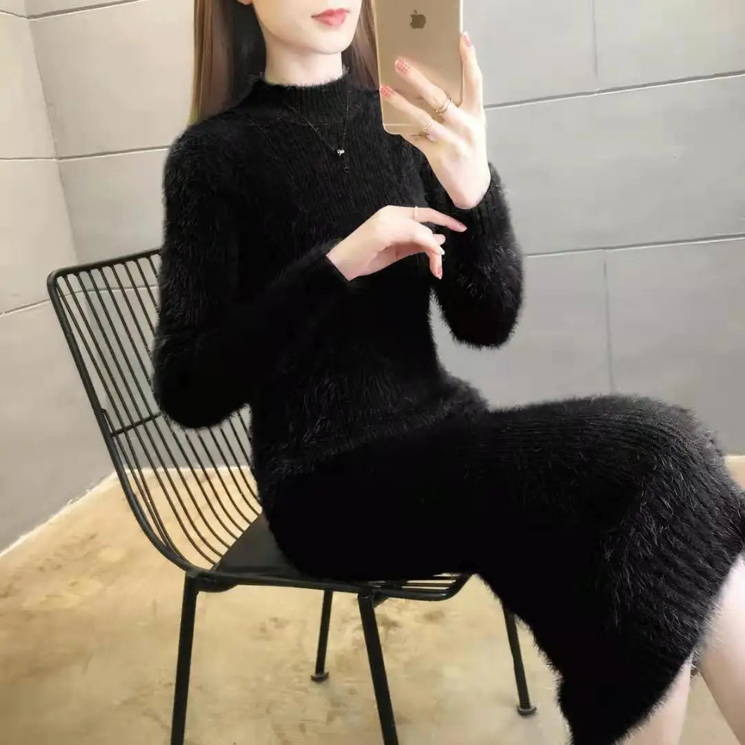 Women's Winter Clothing 2024 Imitation Mink Wool Thick Warm Turtleneck Sweater Dress Sheath Bodycon Dresses For Women Casual - Seprincess