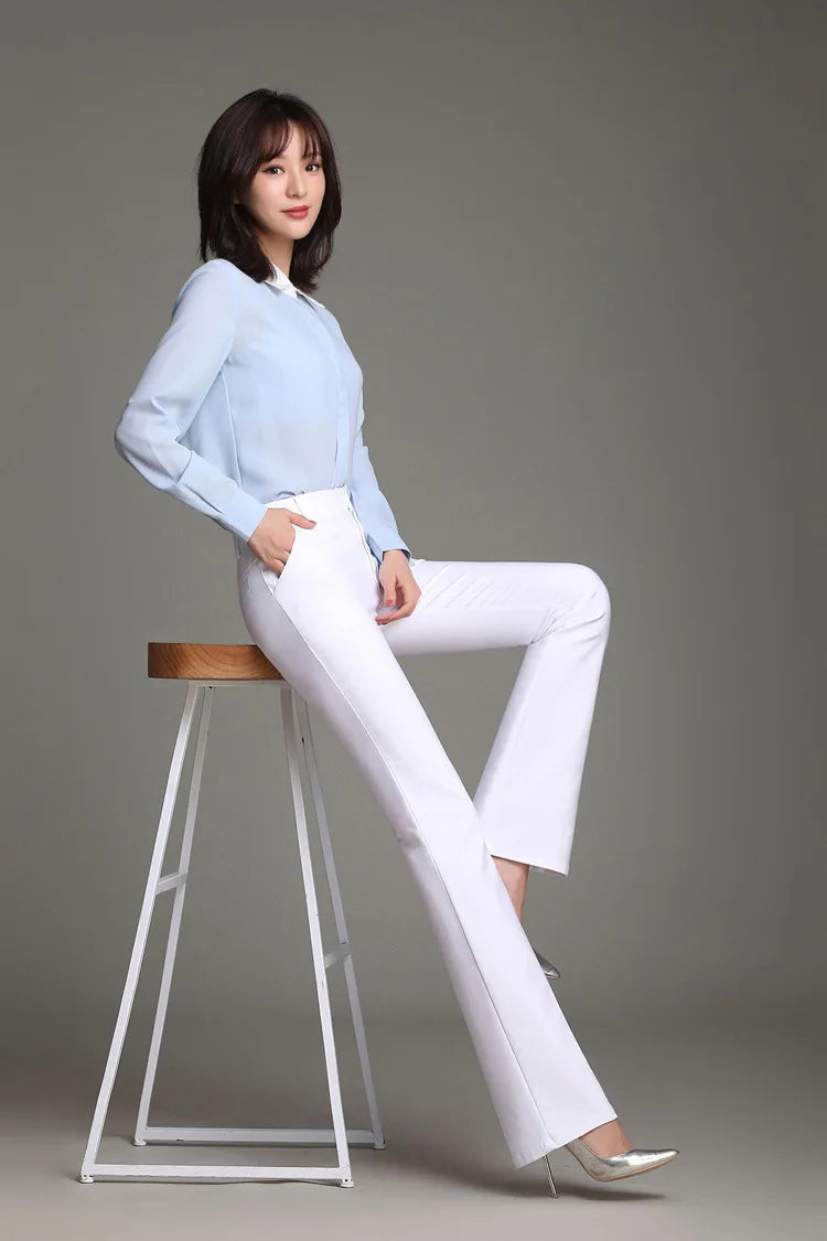 Women Slimming Office Flare Pants High Waist Pure Color Cotton Stretch Casual Big White Black Office Flared Trousers S 3XL 4XL