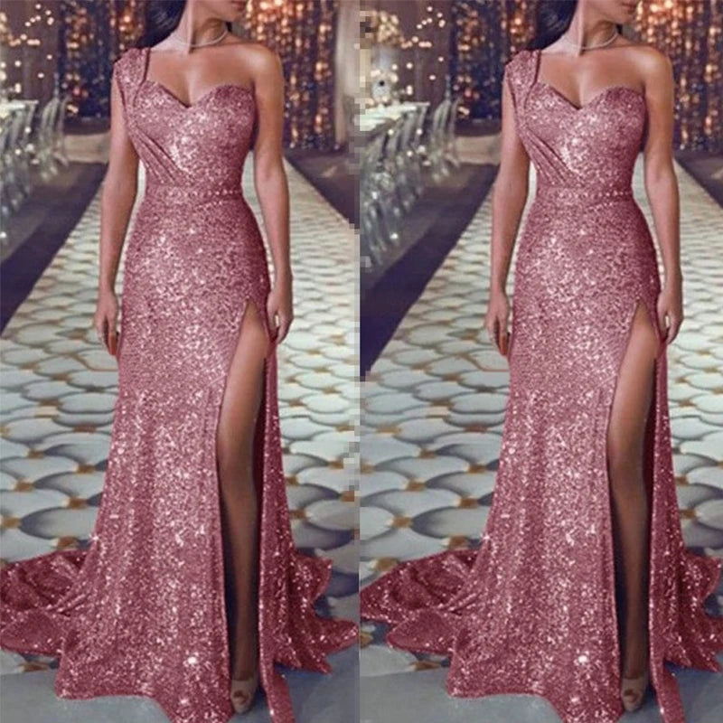 Women Sexy One Shoulder High Split Irregular Dress 2022 New Fashion Shiny Sequin Long Evening Dresses Lady Elegant Party Dress - Seprincess