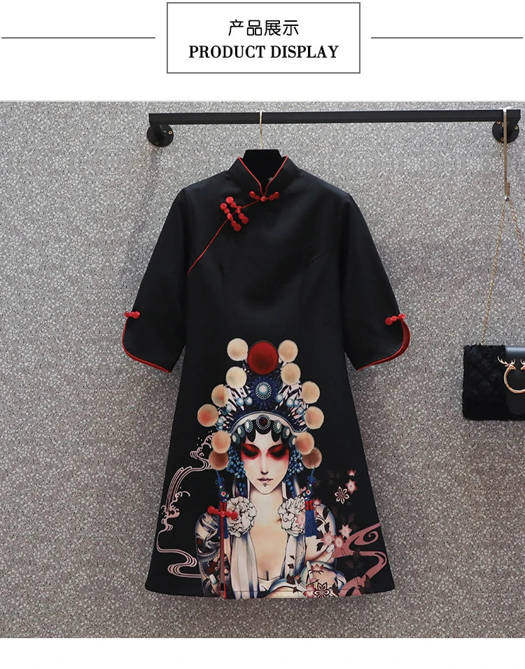 INS M-4XL NEW 2022 Black Peking Opera Print Fashion Modern Cheongsam Dress Women Short Sleeve Qipao Traditional Chinese Style - Seprincess