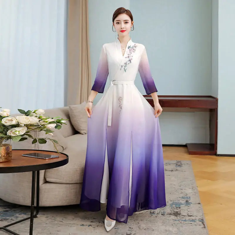 Top 2021 New Elegant Chinese Style V-Neck Slim Gradient Color Three-Quarter Sleeve Long Temperament Dress Qipao Lady Robes y1458 - Seprincess