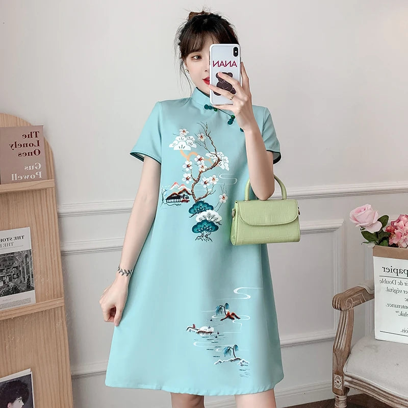 Plus Size M-4XL 2021 New Blue Loose Fashion Modern Cheongsam Dress Women Short Sleeve Qipao Traditional Chinese Style Clothes - Seprincess