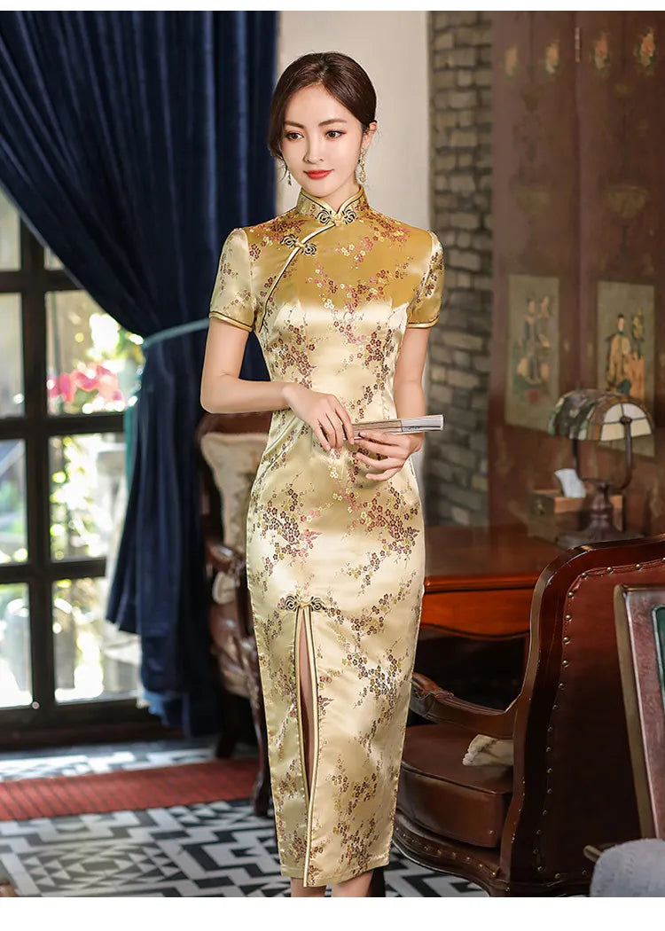 Summer New Women Sexy Cheongsam Elegant Vintage Mandarin Collar Chinese Dress Long Satin Flower Qipao Split Vestidso - Seprincess