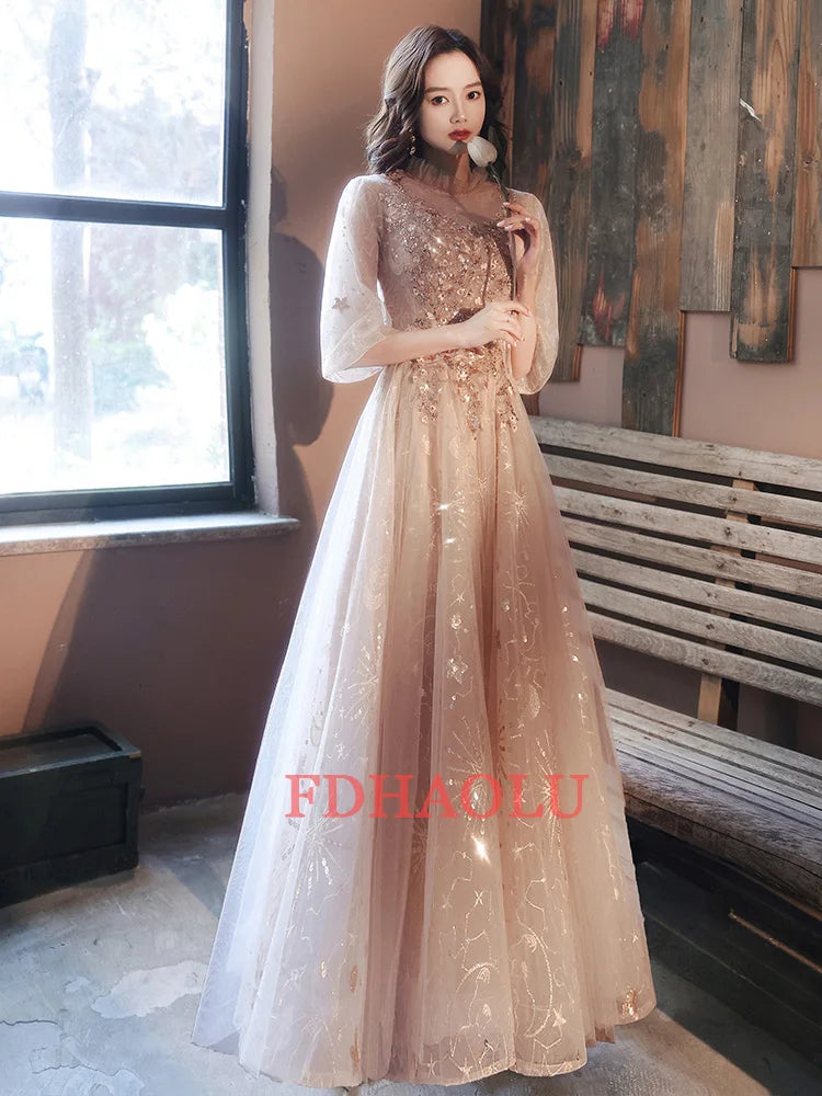 FDHAOLU Evening Dress 2024 New Stylish Illusion O-neck Appliques Crytal Formal Dress a Line Prom Dresses Haute Couture - Seprincess