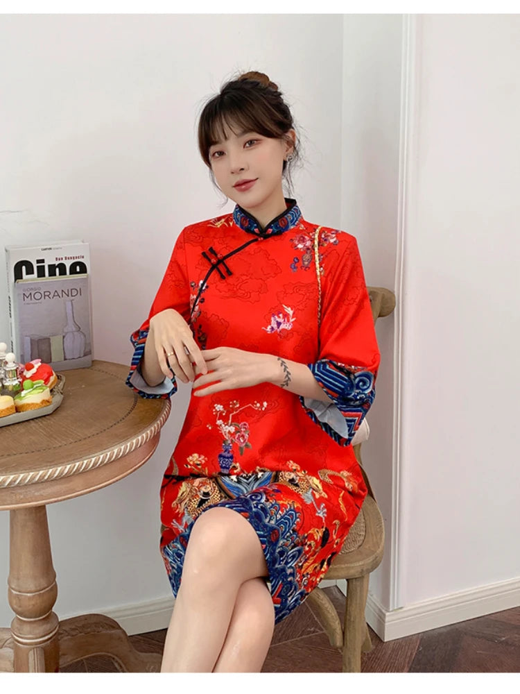 Ins Red Blue Loose 2021 New Fashion Modern Chinese Cheongsam A-line Dress Women 3/4 Sleeve Qipao Traditional Chinese Clothes - Seprincess