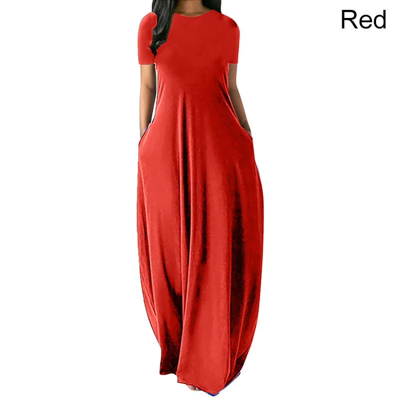 Women Oversize Casual Solid O-Neck Pockets Long Dress Summer Dress Female Plus Size Short Sleeve High Waist Maxi Dresses - Seprincess