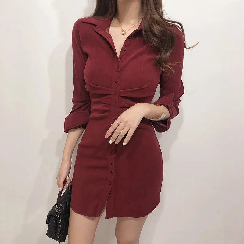 Dresses for Women French Retro Shirt Tight Bottoming Dress Female Autumn and Winter Slim Package Hip Single-breasted Pure Dress - Seprincess