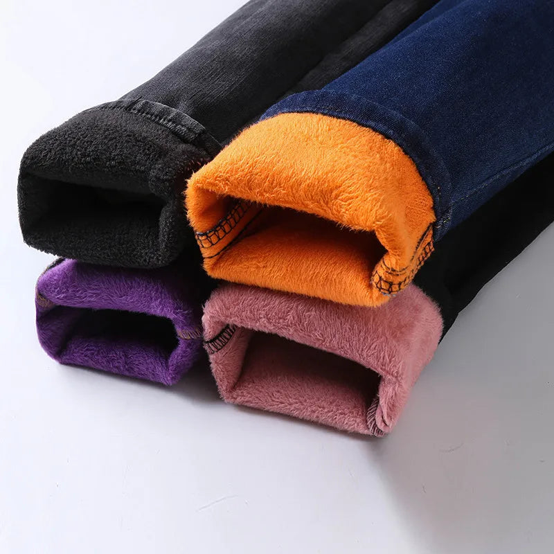 Winter Thick Women Warm Skinny Jeans Simple Stretch Velvet Fleece Female High Waist Denim Pencil Pants Clothes 36 38 40