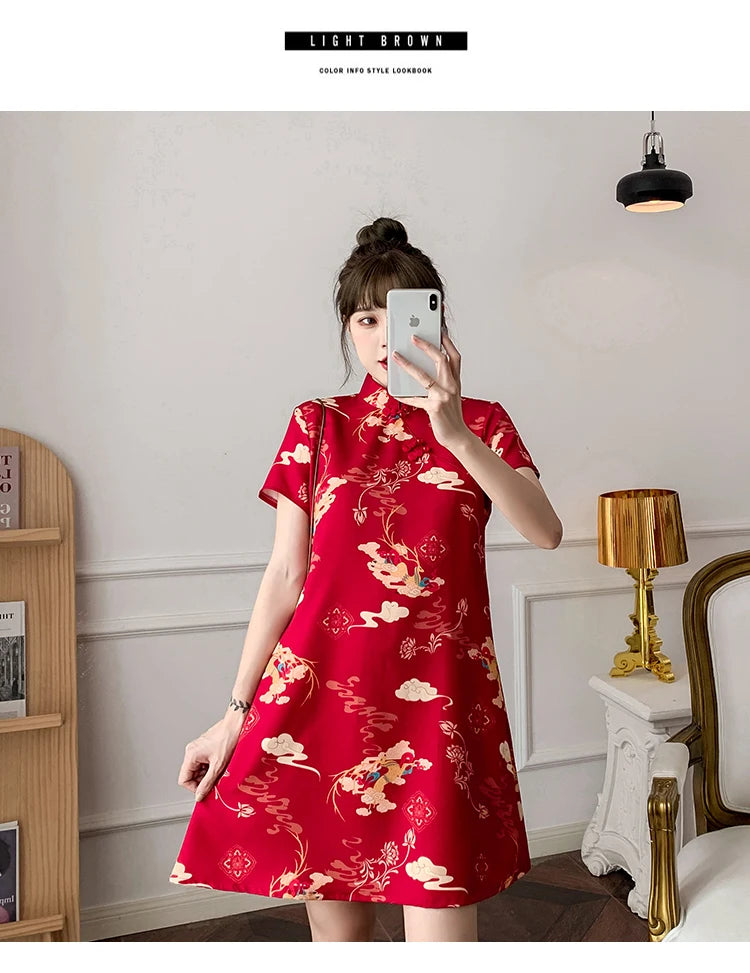 M-4XL 2022 New Year Red Summer Trend Street Fashion Modern Cheongsam A-line Dress Women Qipao Traditional Chinese Clothes - Seprincess