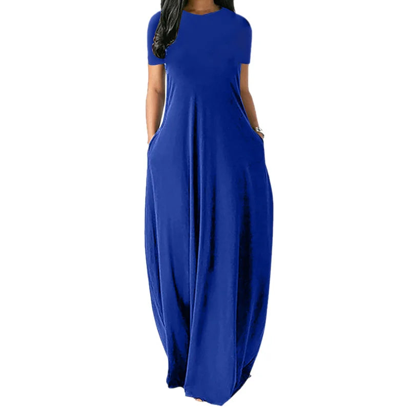 Women Oversize Casual Solid O-Neck Pockets Long Dress Summer Dress Female Plus Size Short Sleeve High Waist Maxi Dresses - Seprincess