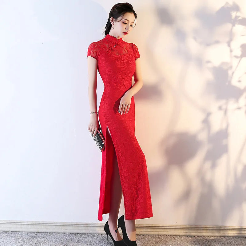 Lace Floral Perspective Collar Qipao Sexy Long Women Cheongsams Big Size 3XL 4XL 5XL Chinese Dress Grace Evening Party Vestidos - Seprincess