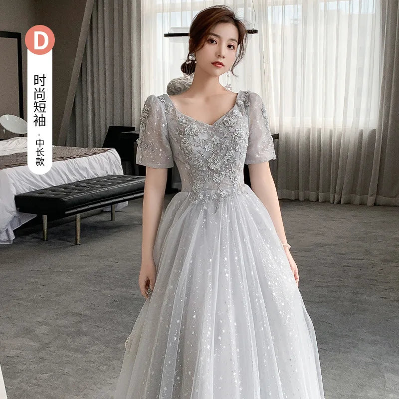 Temperament Bridesmaid Dress Lantern Sleeve Evening Party Dress Fairy Stage Show Dress Elegant Banquet Dress A-line Maxi Dress - Seprincess