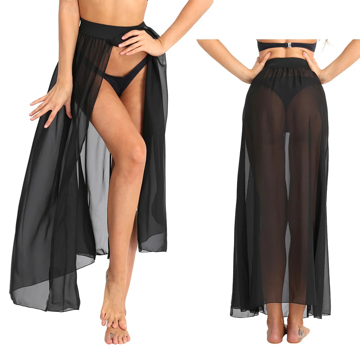 Sexy Women Sheer See Through Chiffon Maxi Skirts High Split Flowy Long Skirt Transparent Bikini Cover Up Bottoms Pool Party Club - Seprincess