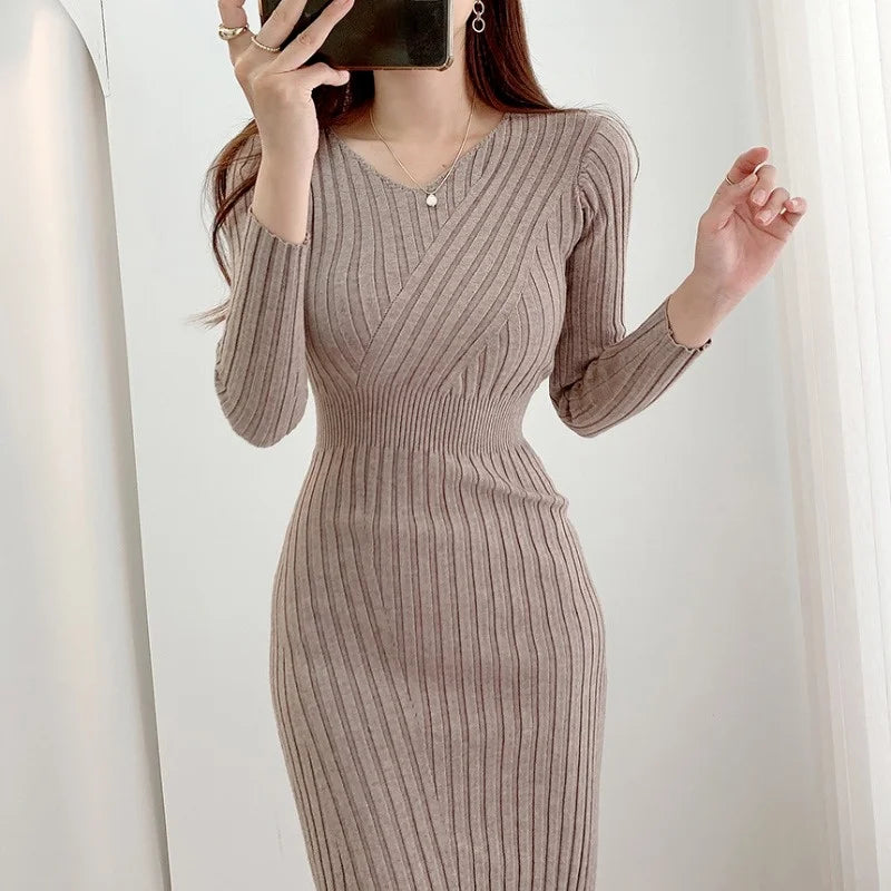 Vintage Long Sleeve Knitted Dresses for Women Party Robe Female Autumn 2021 Retro V-neck Bodycon Dress Korean Slim Waist Vestido - Seprincess