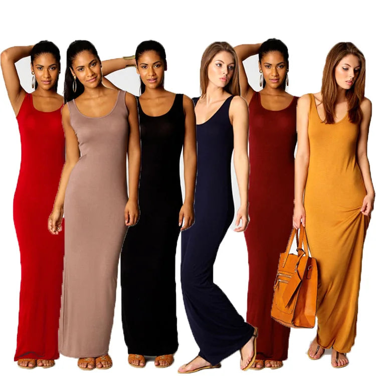 Elegant Women Sexy Dresses O-Neck Sleeveless Slim Maxi Dress High Stretch Tank Robe 2023 Summer Thin Long Dress Vestidos Femme - Seprincess