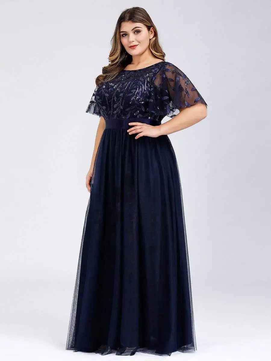 2023 NEW Plus Size Dress  Robe De Soiree Sparkle Evening Dresses Long A-Line O-Neck Short Sleeve LONG Formal Dresses - Seprincess