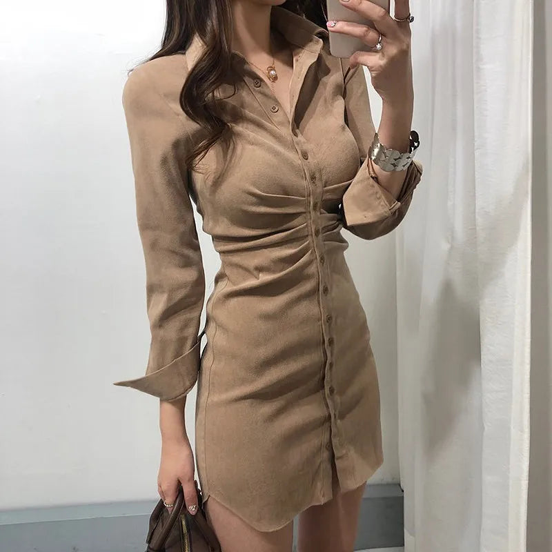 Dresses for Women French Retro Shirt Tight Bottoming Dress Female Autumn and Winter Slim Package Hip Single-breasted Pure Dress - Seprincess