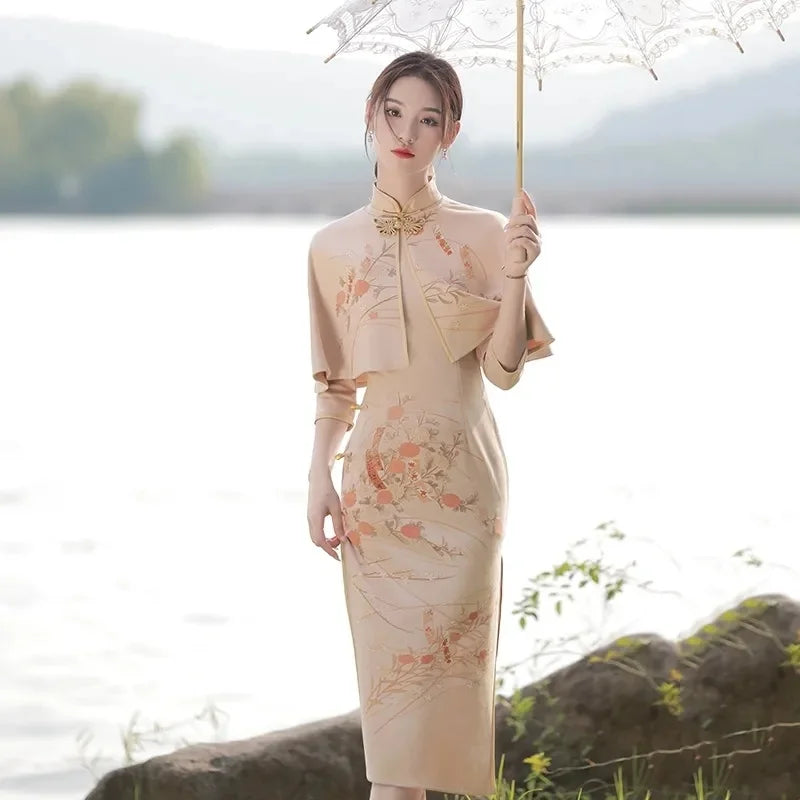 Autumn Elegant Slim Chinese Traditional Dress Women Hanfu Long Sleeve Qipao Shawl Two-piece Set Female Vestido Chino Cheongsams - Seprincess