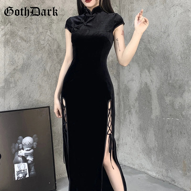 Goth Dark Romantic Gothic Velvet Aesthetic Dresses Vintage Women Black Bandage SlitHem Bodycon Dress Sexy Evening Wear Cheongsam