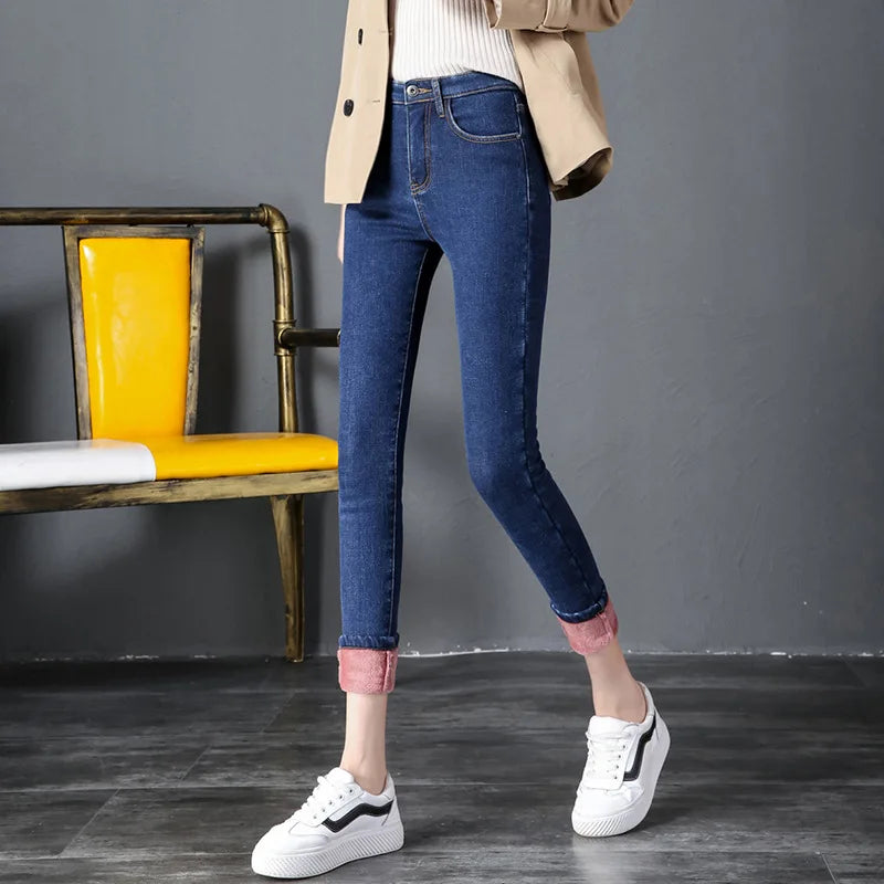 2021 Women’s Korean Slim Fit Jeans Fashion Solid Color Plush Stretch High-waist Tight Denim Long Pencil Pants Winter Warm Wear