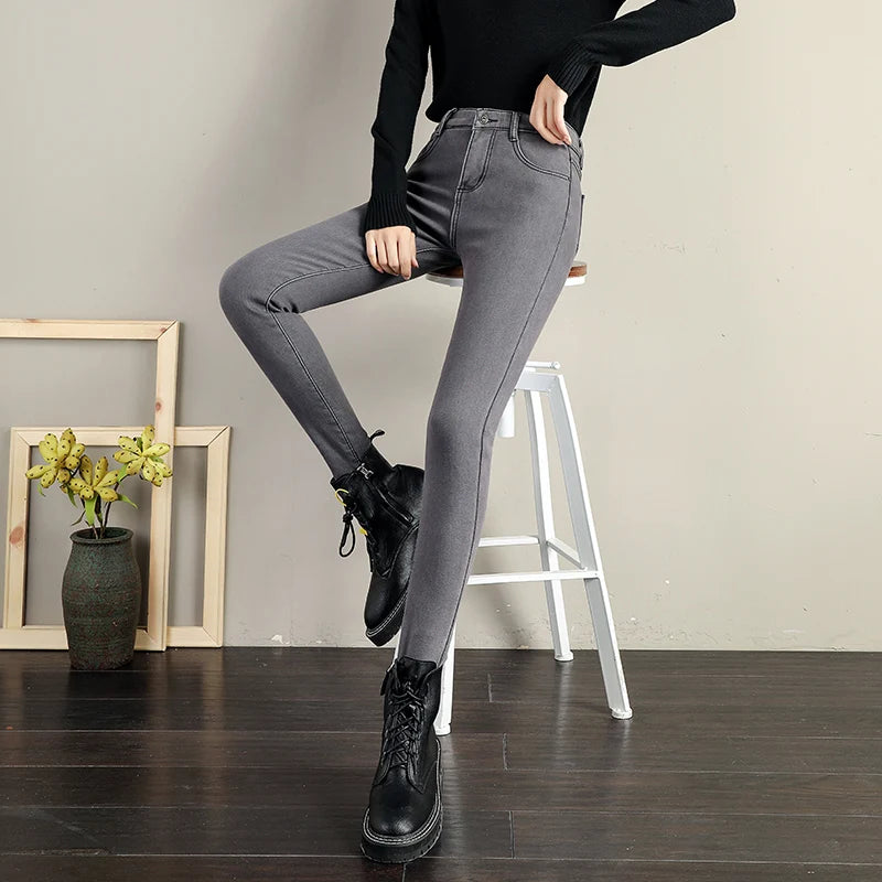 Women Stretch High Waist Skinny Warm Thick velvet Jeans Lady Mom Cotton Pants Student Winter Pencil Trousers clothes 38 40