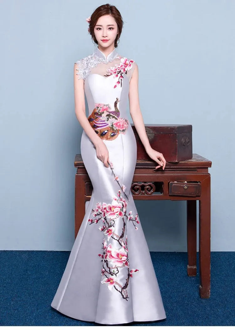 Oriental Evening Dress Chinese Style Fashion Peacock Embroidery Qipao Sexy Long Mermaid Cheongsams Vestidos S-XXL - Seprincess