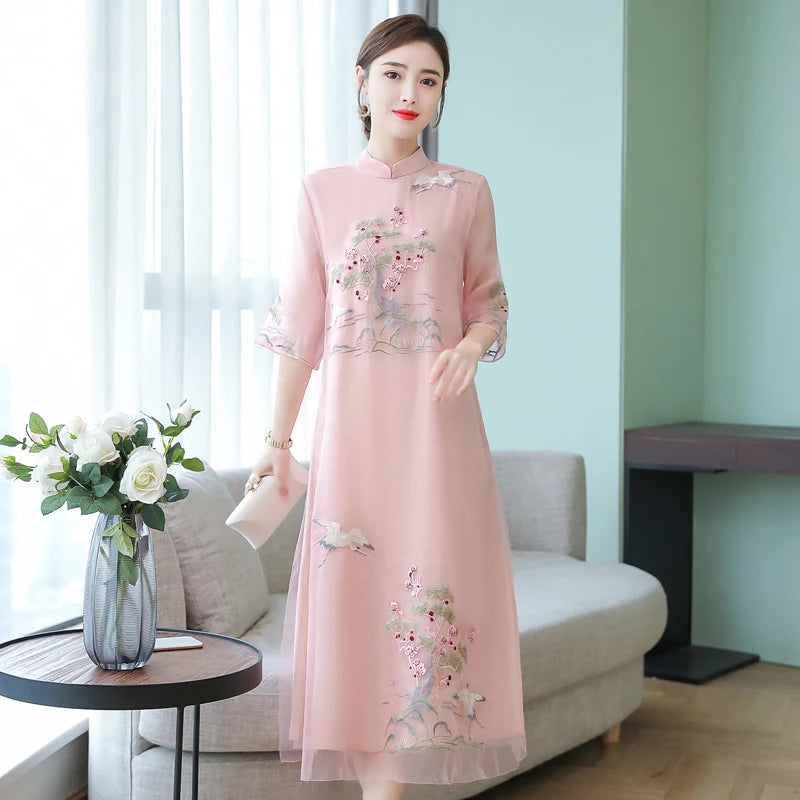 Chinese Styles Vintage Women Hanfu Midi Qipao Dresses China Traditional Elegant Cheongsam Tang Suit New Robe Orientale Clothing - Seprincess