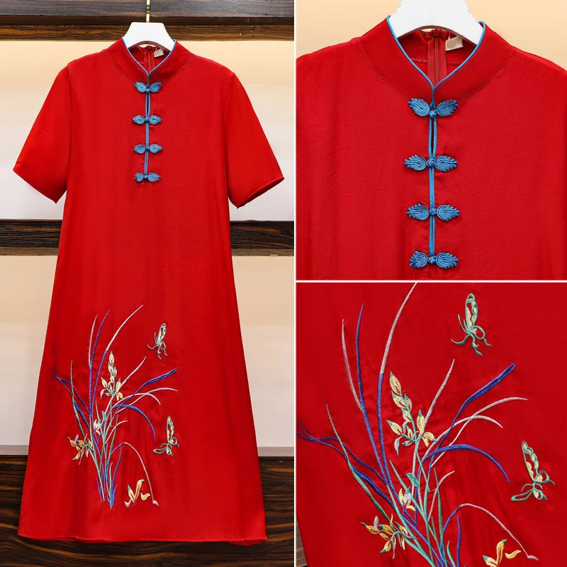 2021 M-4XL Plus Size Vintage Red Embroidery Chinese Traditional Qipao Casual Party Women Midi Dress Summer Cheongsam Dresses - Seprincess