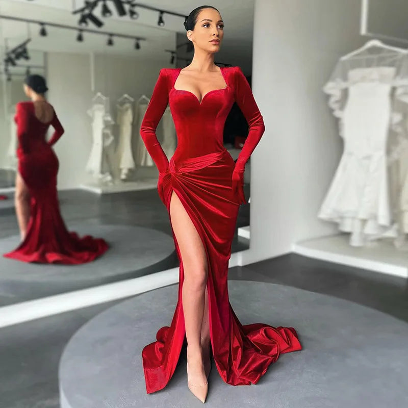 Cryptographic Elegant Gown Long Dress Evening Club Outfits for Women Gloves Sleeve Velvet Sexy Slit Maxi Dresses Ruched Dresses