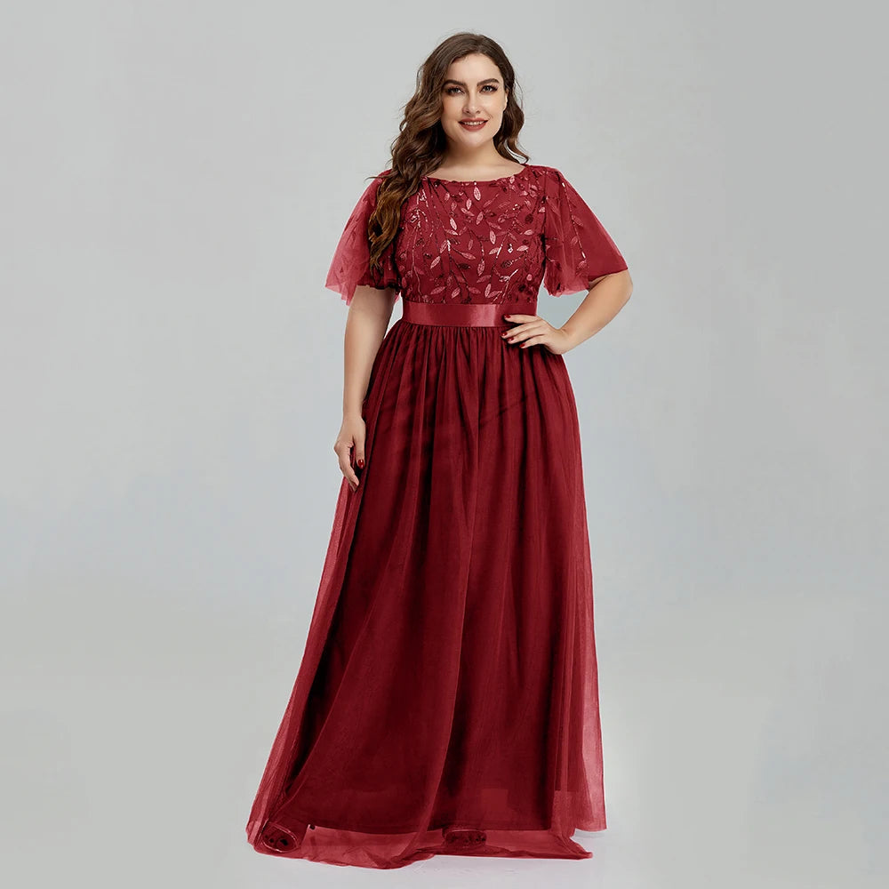 Women's Plus Size Mesh A-Line Sequin Embroidery Evening Dress Leaf  Maxi Prom Dress With Sleeves For Wedding Dress 2022 - Seprincess