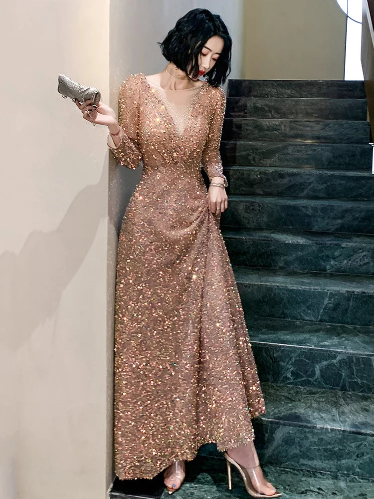 FDHAOLU FU90 Sequined Long Sleeves Evening Dress O Neck Glitter Prom Dresses Plus Size Elegant Floor Length Vestido de noiva - Seprincess