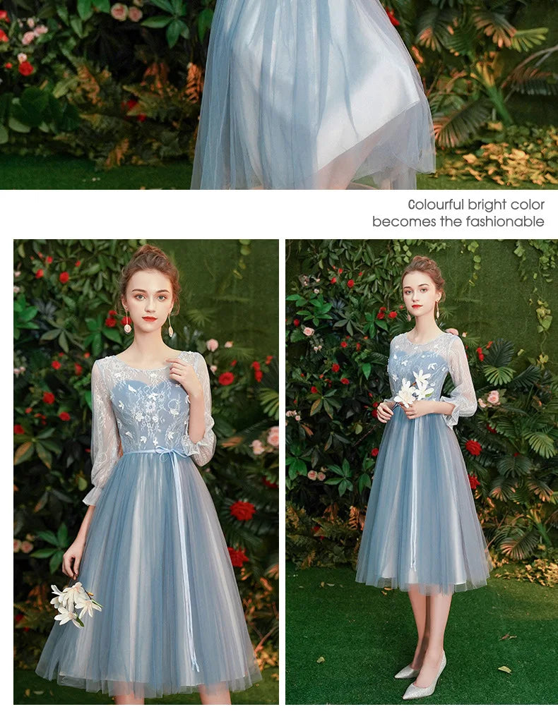 Gray Blue Bridesmaid Dresses For Women Elegant Half Sleeve Wedding Guest Dress Tulle Tea-Length Girl Vestido De Festa - Seprincess