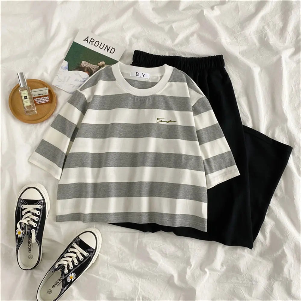 2 Pcs Women Sets Chic Striped Summer Leisure Femme Outfits Korean  Casual Suit Crop Top Basic Black High Waist Wide-leg Set - Seprincess