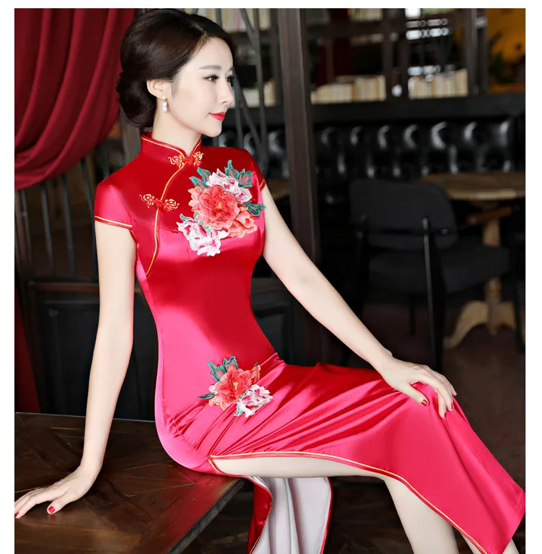 Classical Women Long Show Satin Chinese Dress Elegant Slim Embroidery Flower Qipao Cheongsam Retro Mandarin Collar Evening Gown - Seprincess