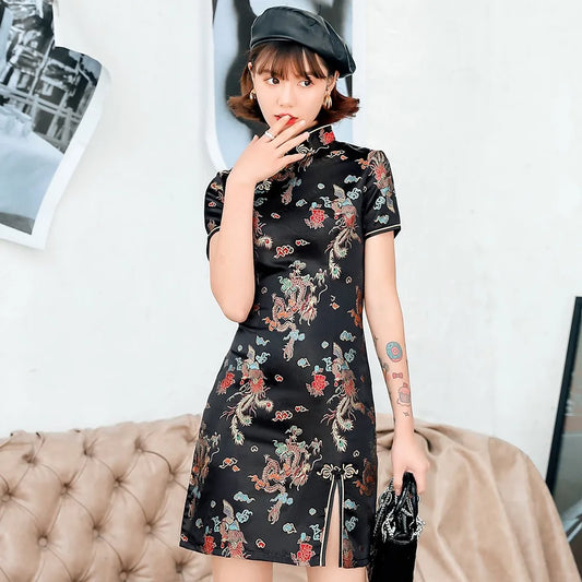 Chinese Female Satin Dress Elegant Slim Plus Size Qipao Mandarin Collar Vintage Cheongsam Vestidos Sexy High Split Formal Dress - Seprincess